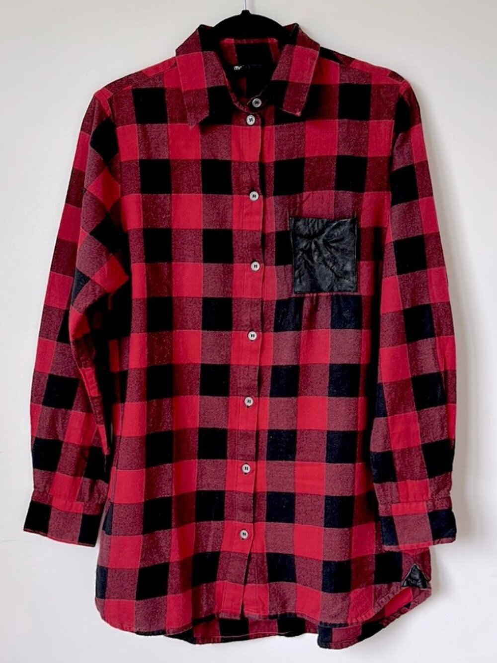 MAJE Red and Black Plaid Leather Pocket Flannel Long Sleeve Tunic Size 1 / S
